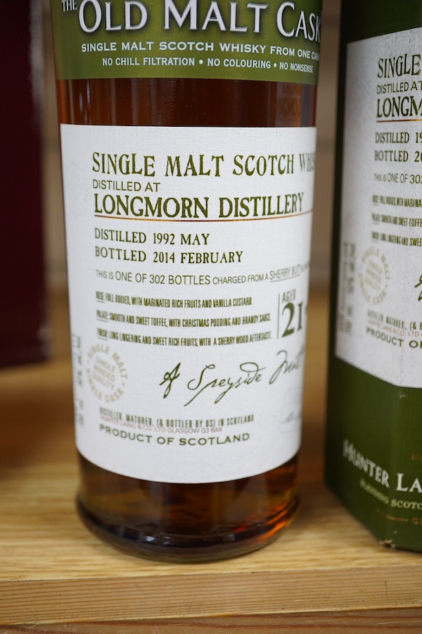 A boxed The Old Malt Cask 21 year Longmorn whisky, distilled May 1992, bottled February 2014. Condition - good